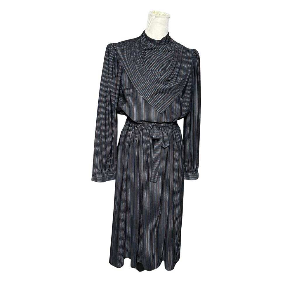 Vintage 1970s Periwinkle Midi Dress | High Neck Draped Bodice | Belted Long Slee